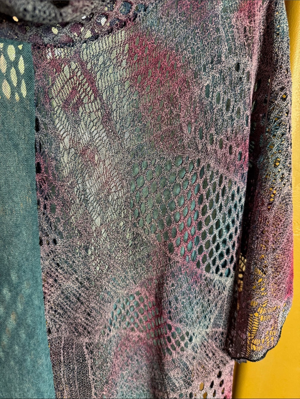 Dor Dor Couture Teal Purple Crochet Poncho Cowl Neck Boho Open Knit OSFM - Picture 8 of 12